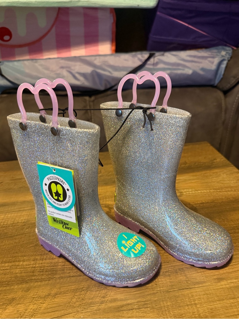 Western Chief Toddler Abby Light-Up Glitter Rain Boots Size 10T NWT